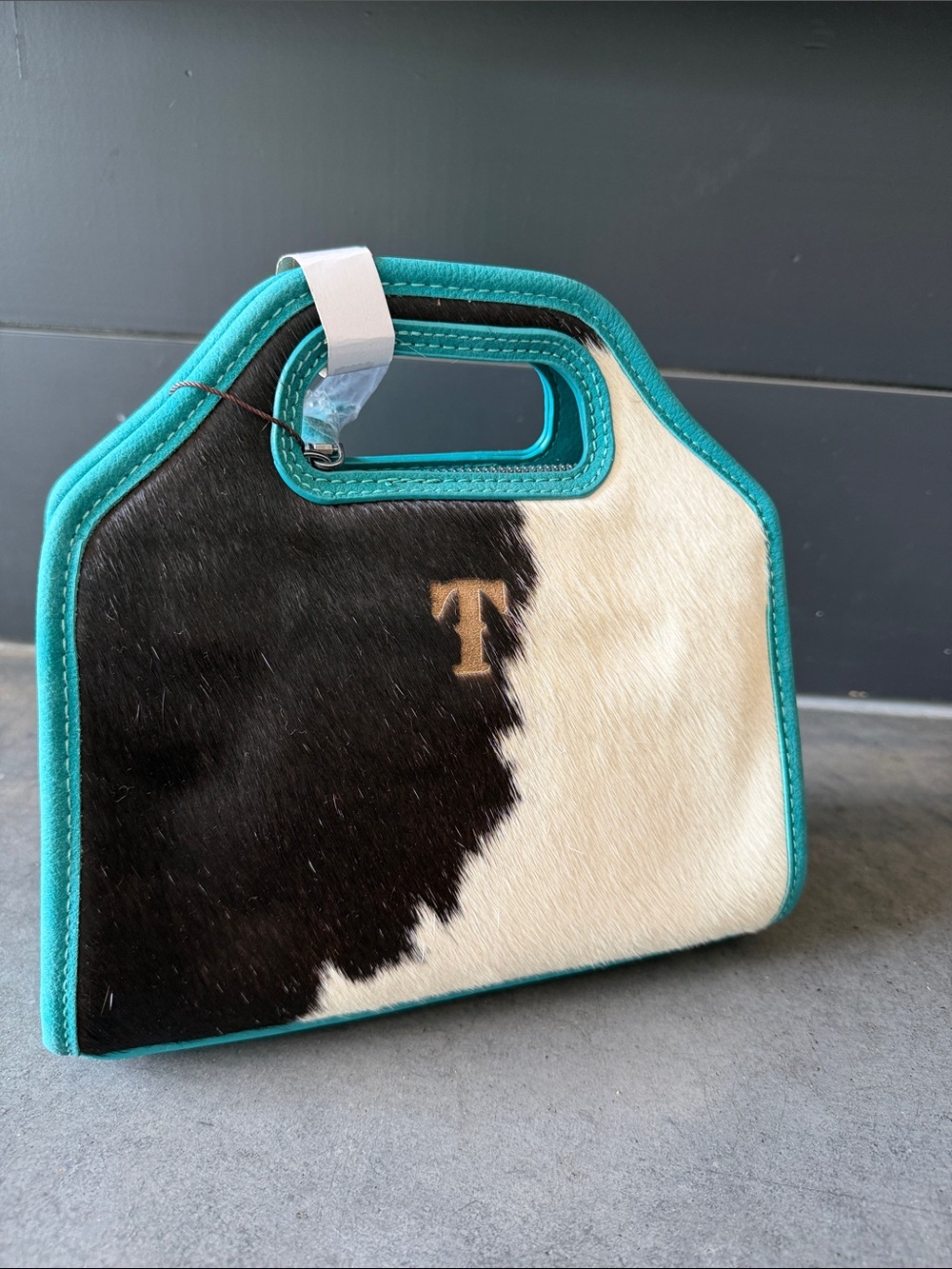 Black & White Haircalf Tote with Turquoise Trim